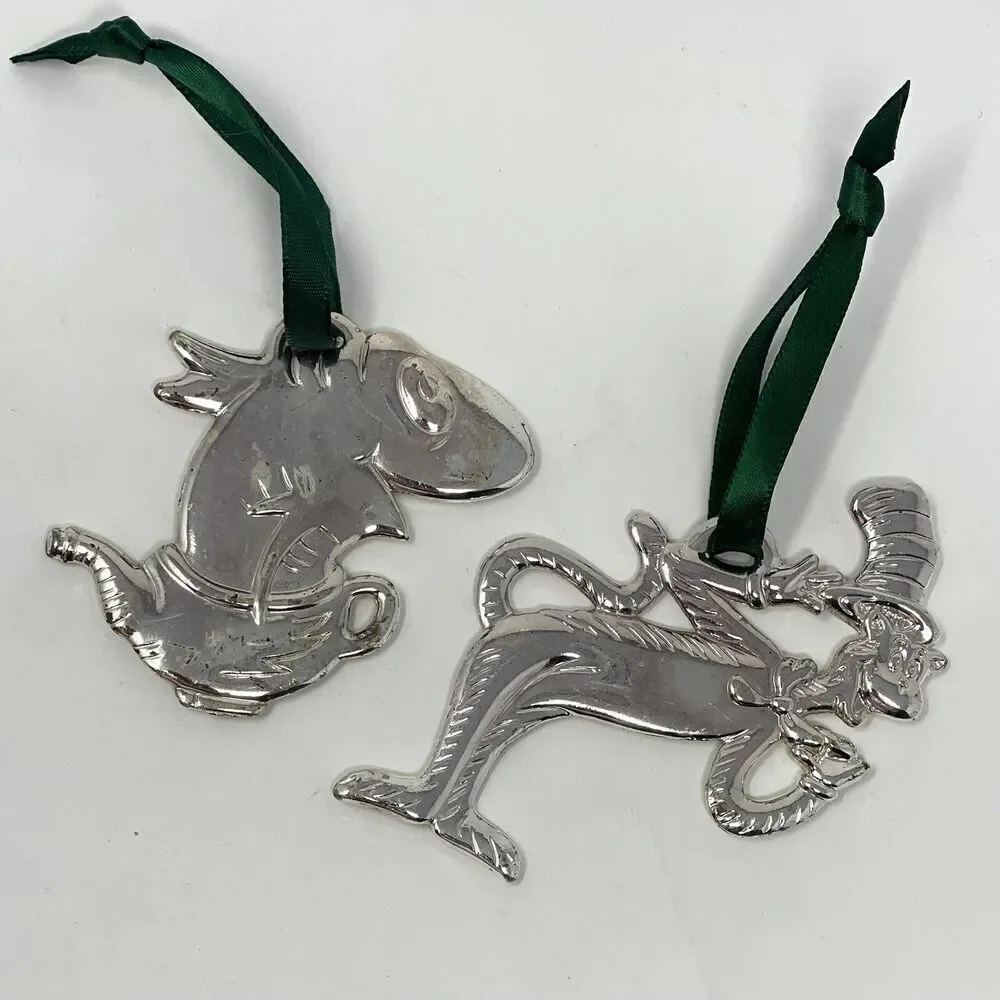 Cat In The Hat Dr Seuss Christmas Ornaments Silver Plated Burger King Lot Of 2